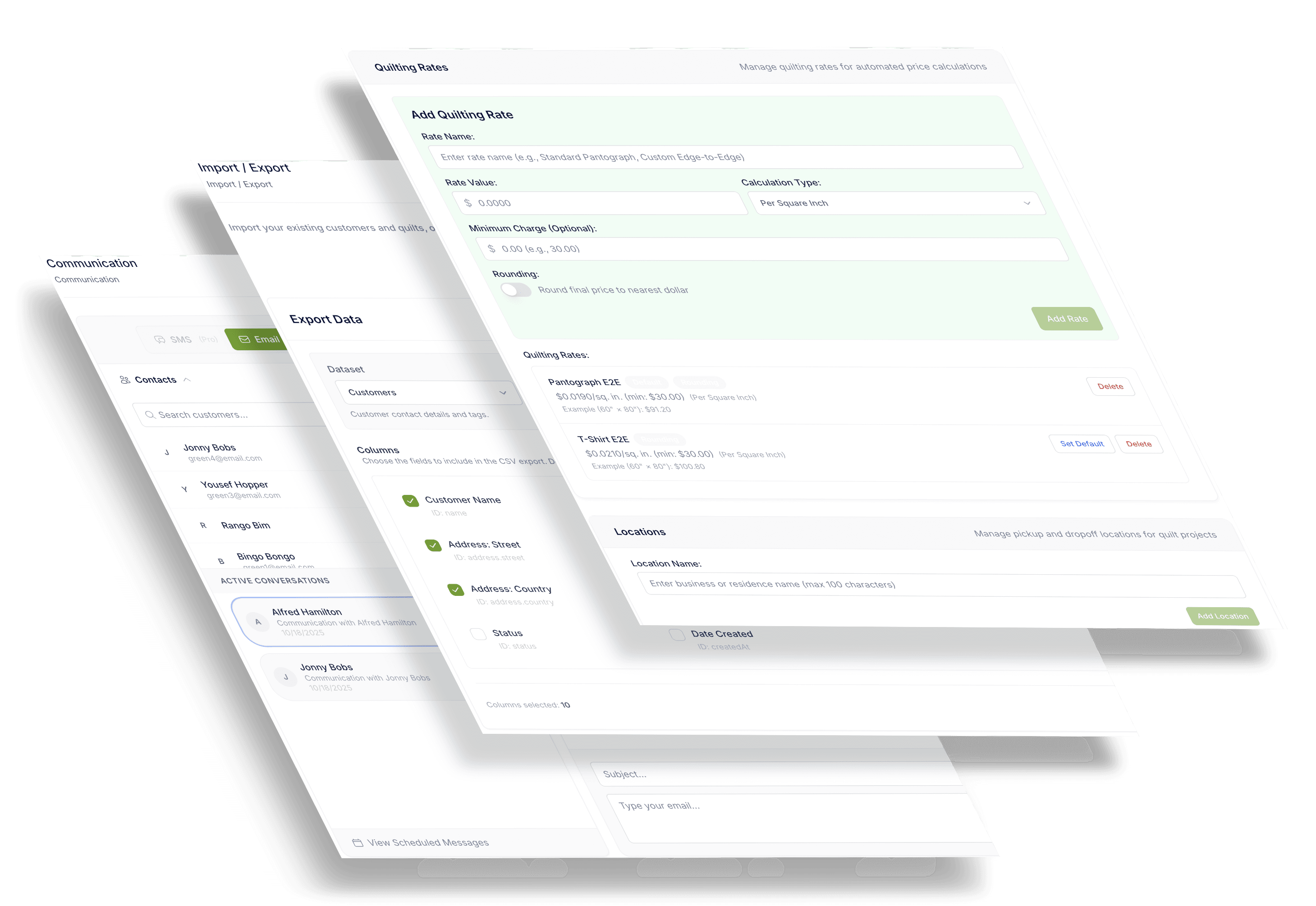 Quilt Logger Dashboard Preview - Intuitive interface showing customer management, quilt tracking, and invoicing features for long arm quilting businesses